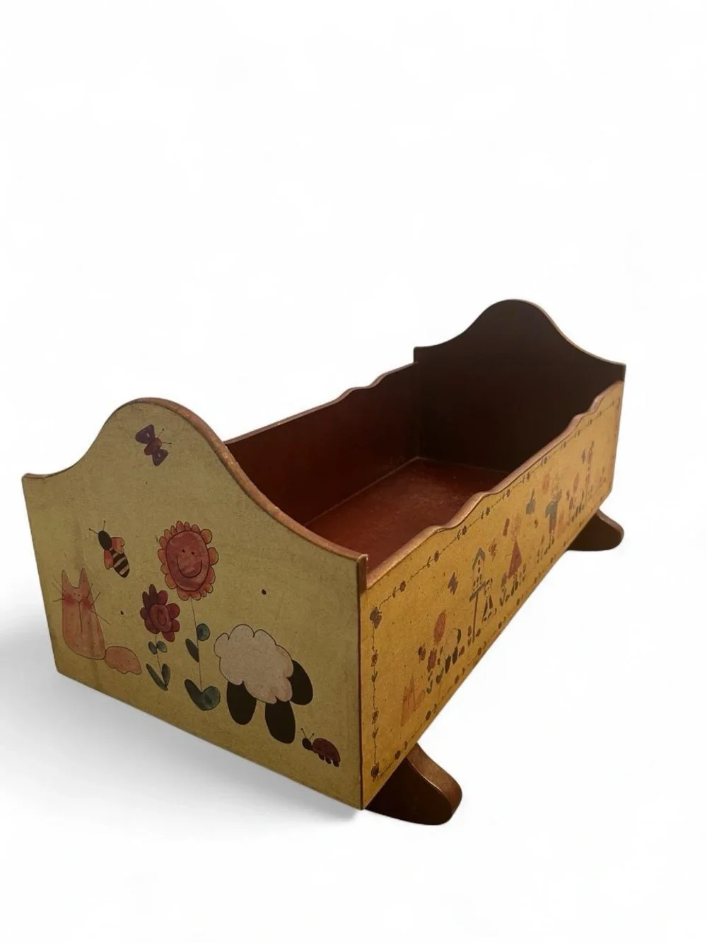 Vintage 90s Country Folk Art Wooden Rocking Doll Cradle Bed